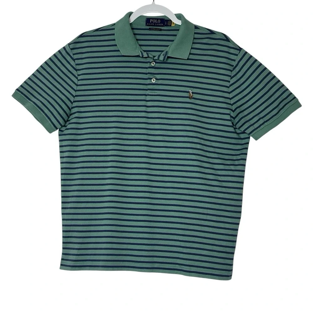 Polo Ralph Lauren Polo‎ Shirt Mens Large Pony Logo Seafoam Stripe Slim Fit Golf